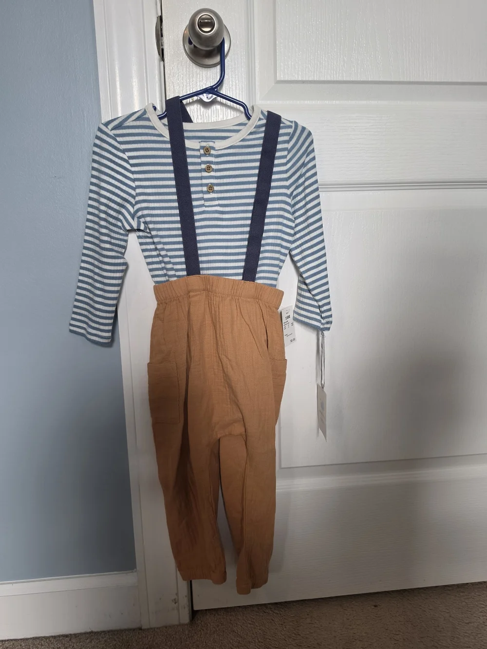 Cat & Jack Blue Striped Top with Tan Suspender Pants Kids Matching Set